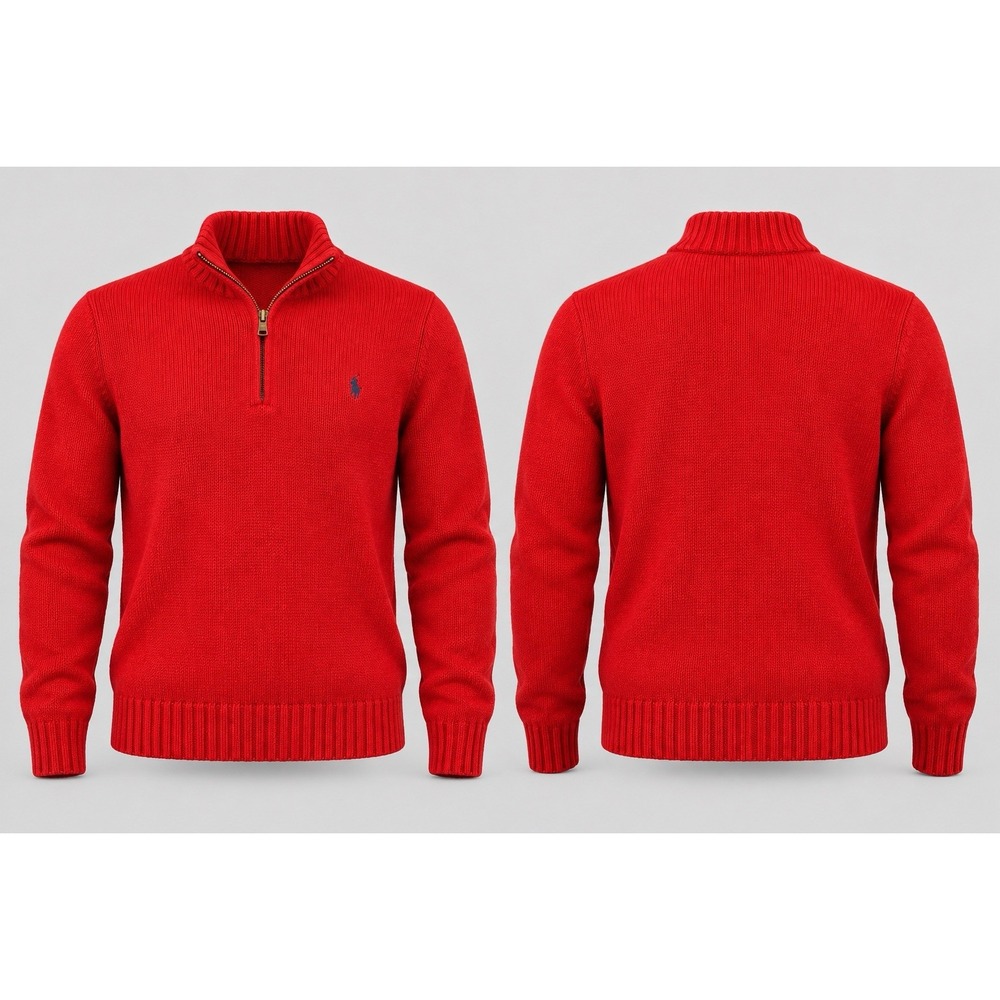 Polo Ralph Lauren Pullover Y2K Chunky Cable Knit Quarter Zip Sweater Red XXLarge